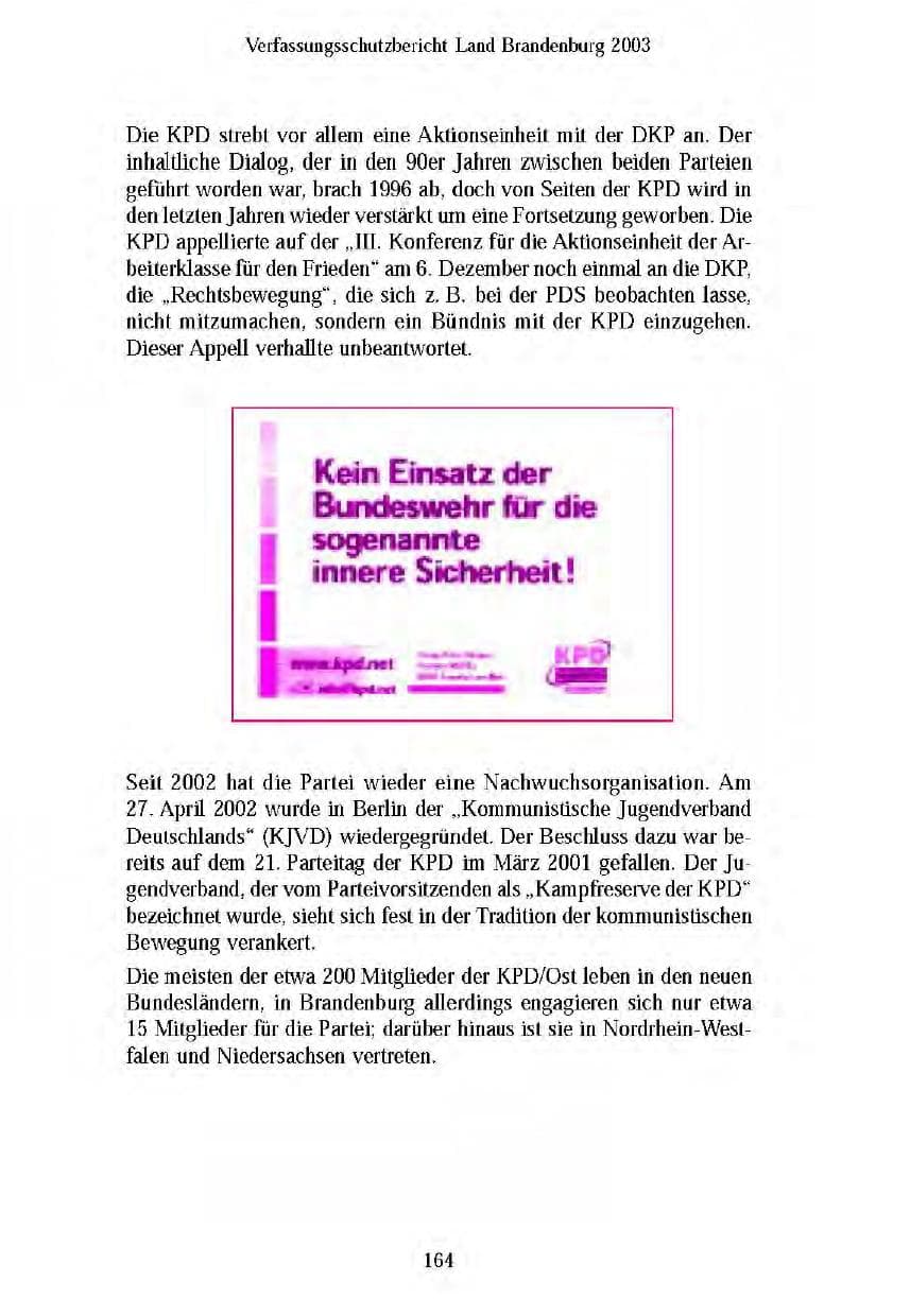 Seite 165 des Verfassungsschutzbericht 2003 Brandenburg