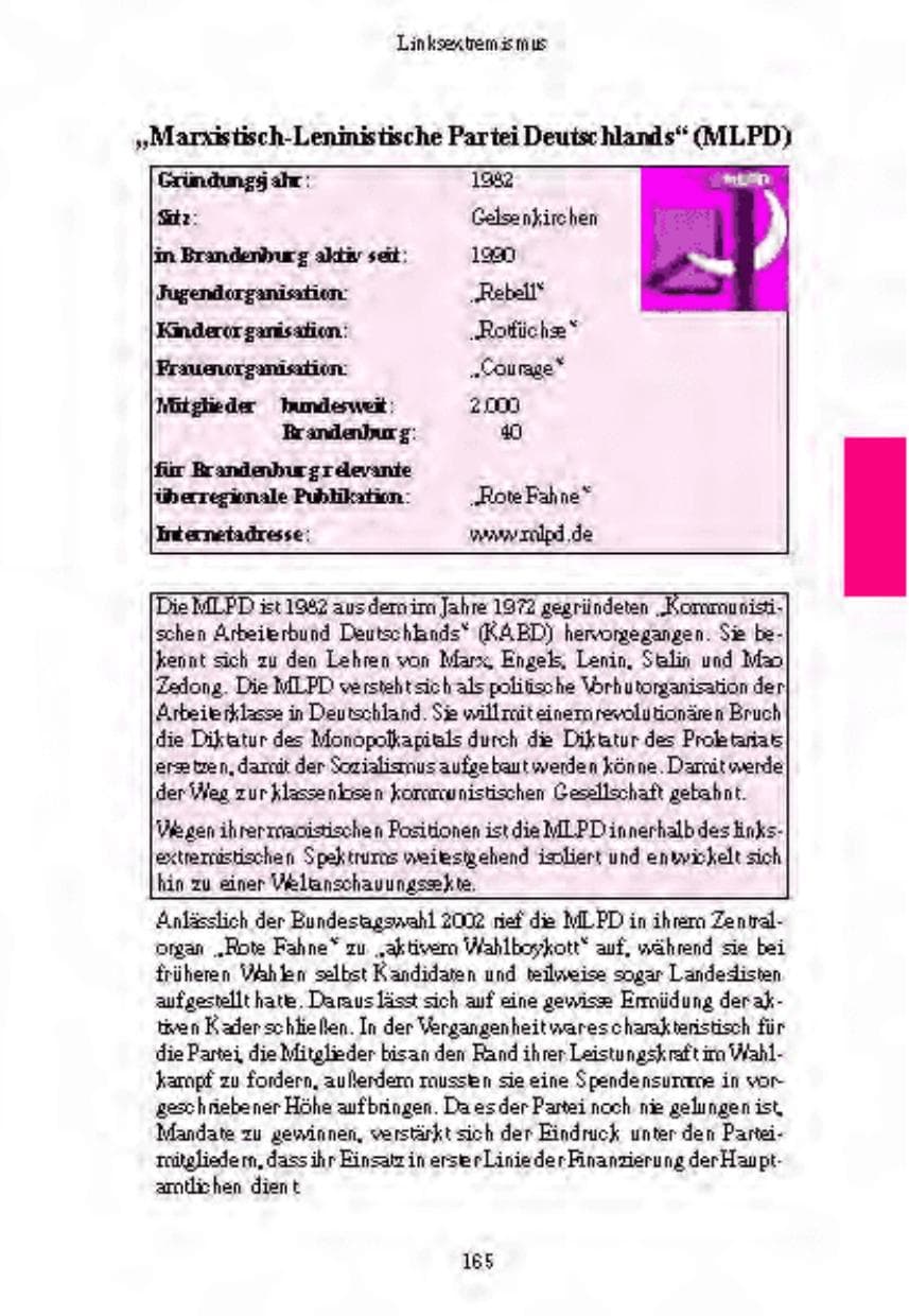 Seite 166 des Verfassungsschutzbericht 2003 Brandenburg