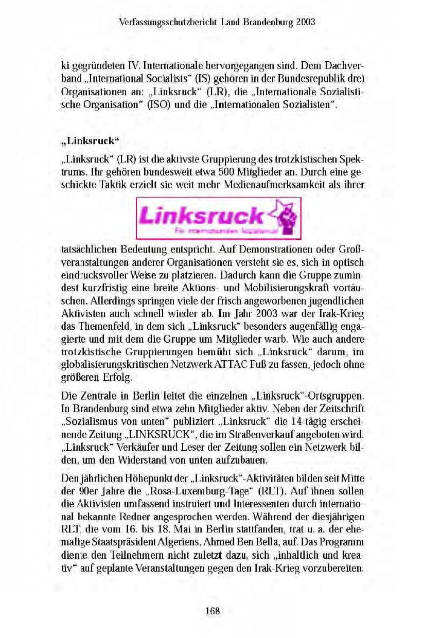 Seite 169 des Verfassungsschutzbericht 2003 Brandenburg