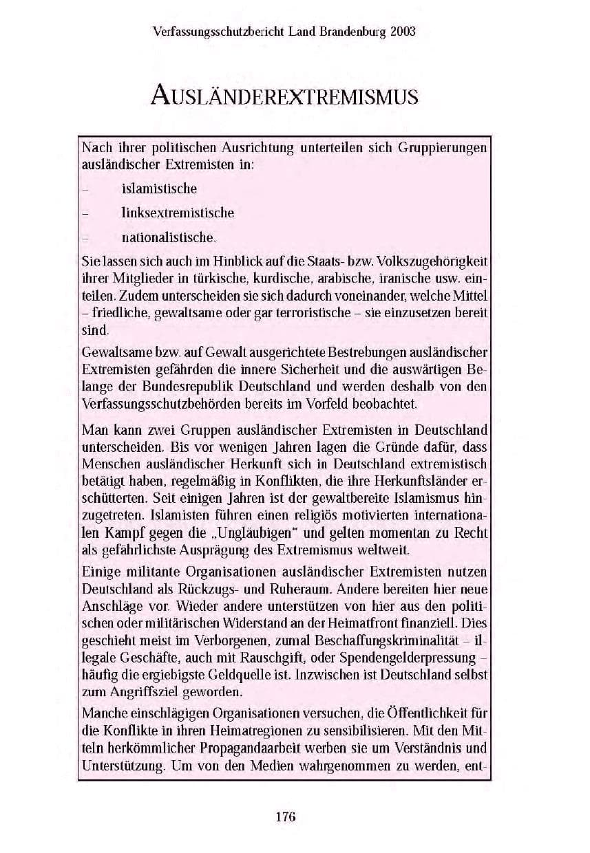 Seite 176 des Verfassungsschutzbericht 2003 Brandenburg