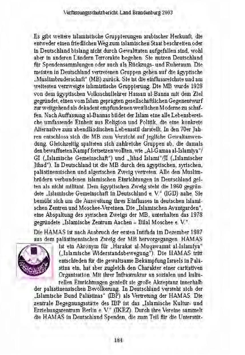 Seite 184 des Verfassungsschutzbericht 2003 Brandenburg
