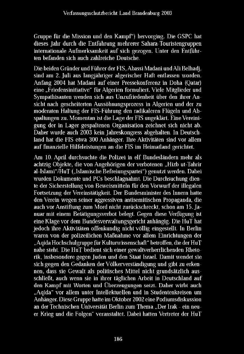 Seite 186 des Verfassungsschutzbericht 2003 Brandenburg