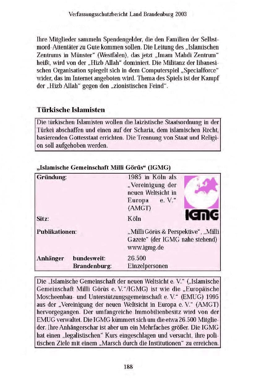 Seite 188 des Verfassungsschutzbericht 2003 Brandenburg