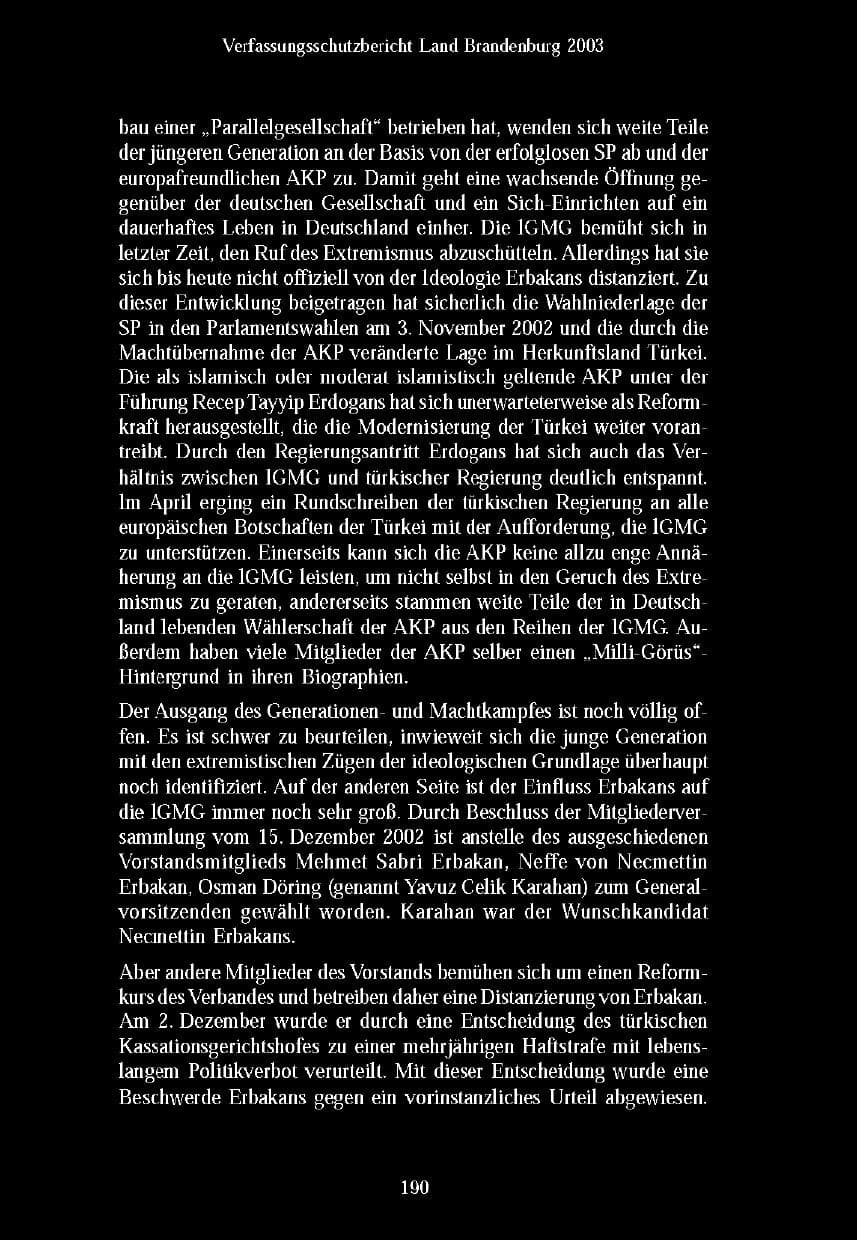 Seite 190 des Verfassungsschutzbericht 2003 Brandenburg