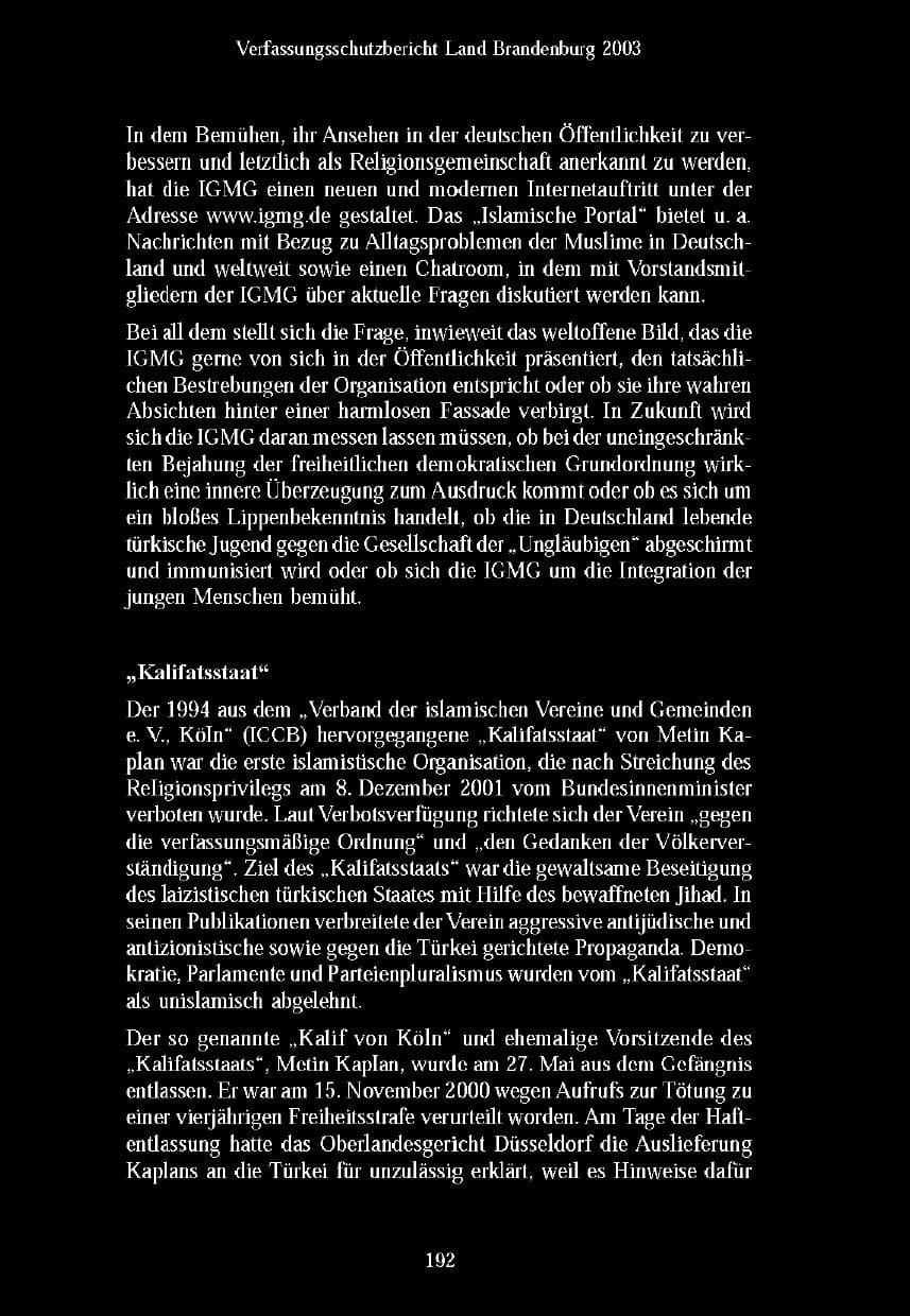 Seite 192 des Verfassungsschutzbericht 2003 Brandenburg
