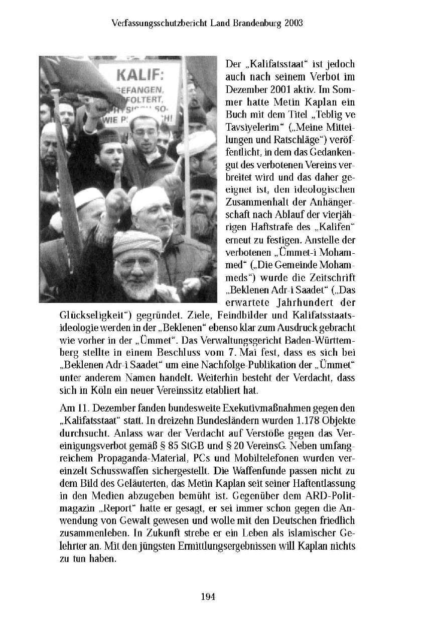 Seite 194 des Verfassungsschutzbericht 2003 Brandenburg