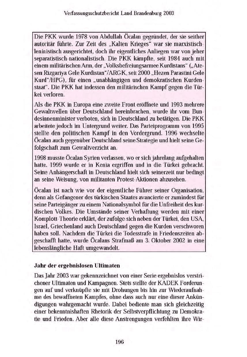 Seite 196 des Verfassungsschutzbericht 2003 Brandenburg