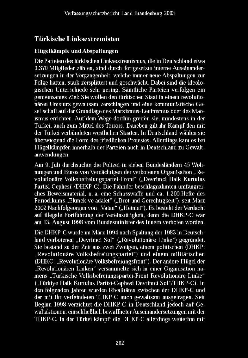Seite 202 des Verfassungsschutzbericht 2003 Brandenburg
