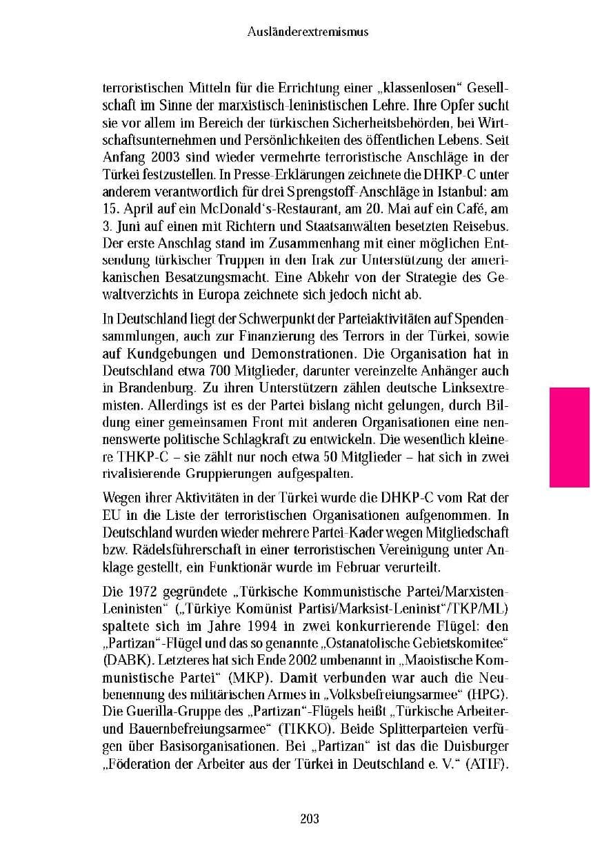 Seite 203 des Verfassungsschutzbericht 2003 Brandenburg