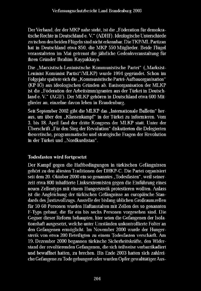 Seite 204 des Verfassungsschutzbericht 2003 Brandenburg