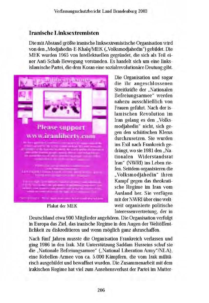 Seite 206 des Verfassungsschutzbericht 2003 Brandenburg