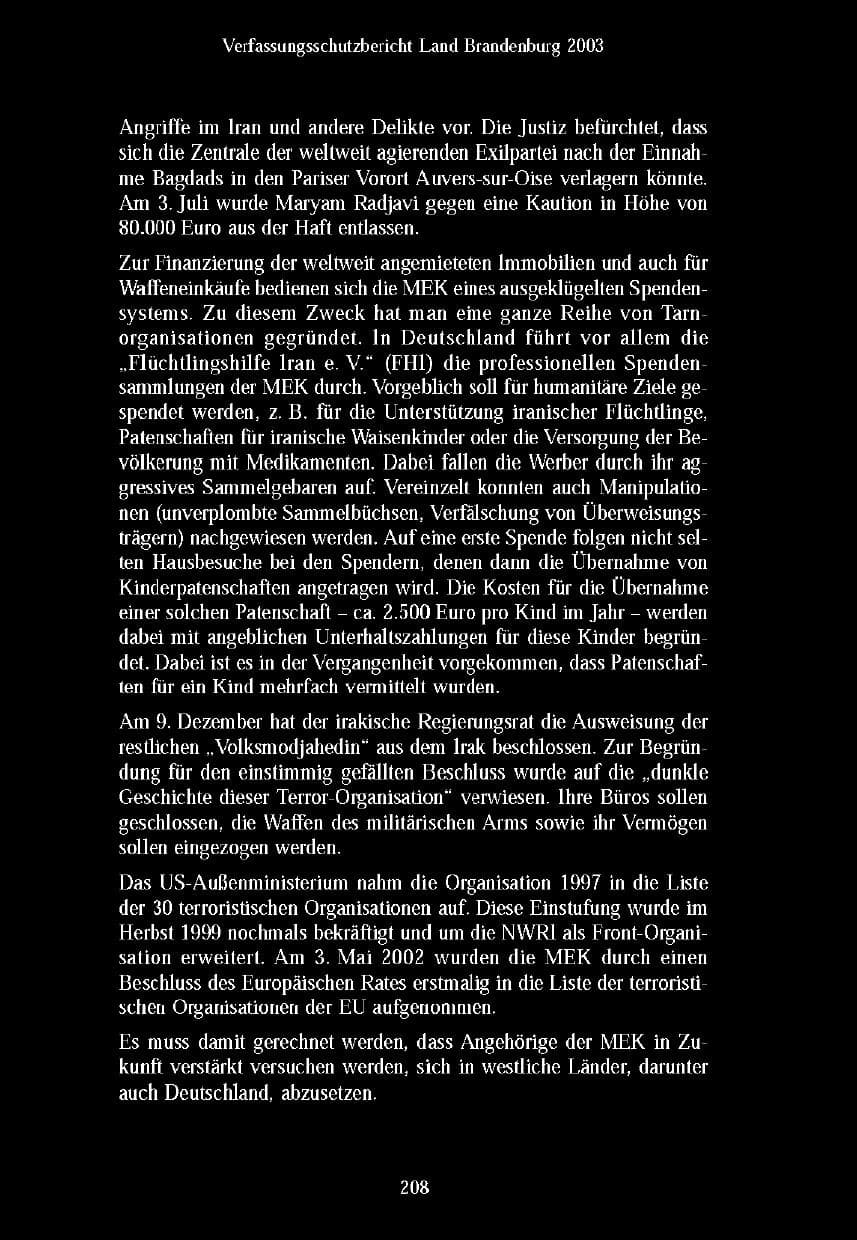 Seite 208 des Verfassungsschutzbericht 2003 Brandenburg