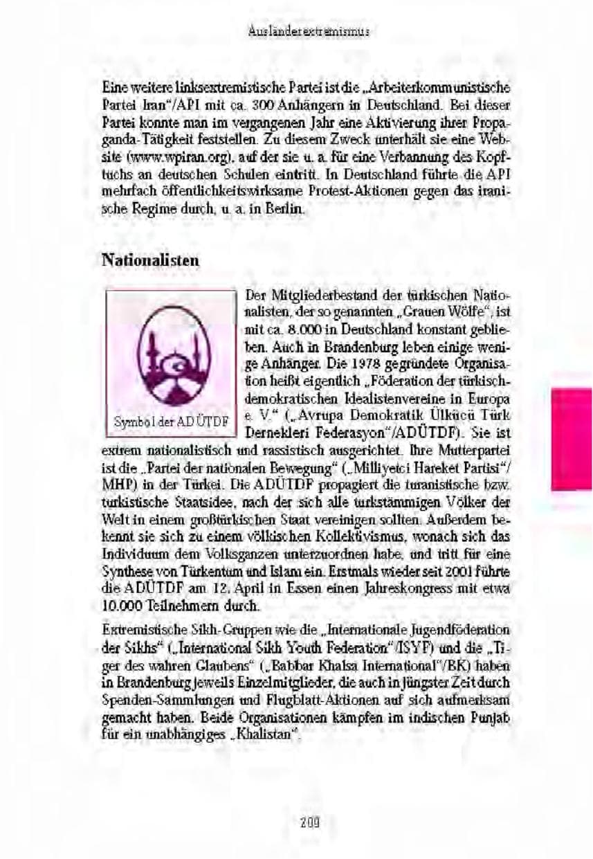 Seite 209 des Verfassungsschutzbericht 2003 Brandenburg
