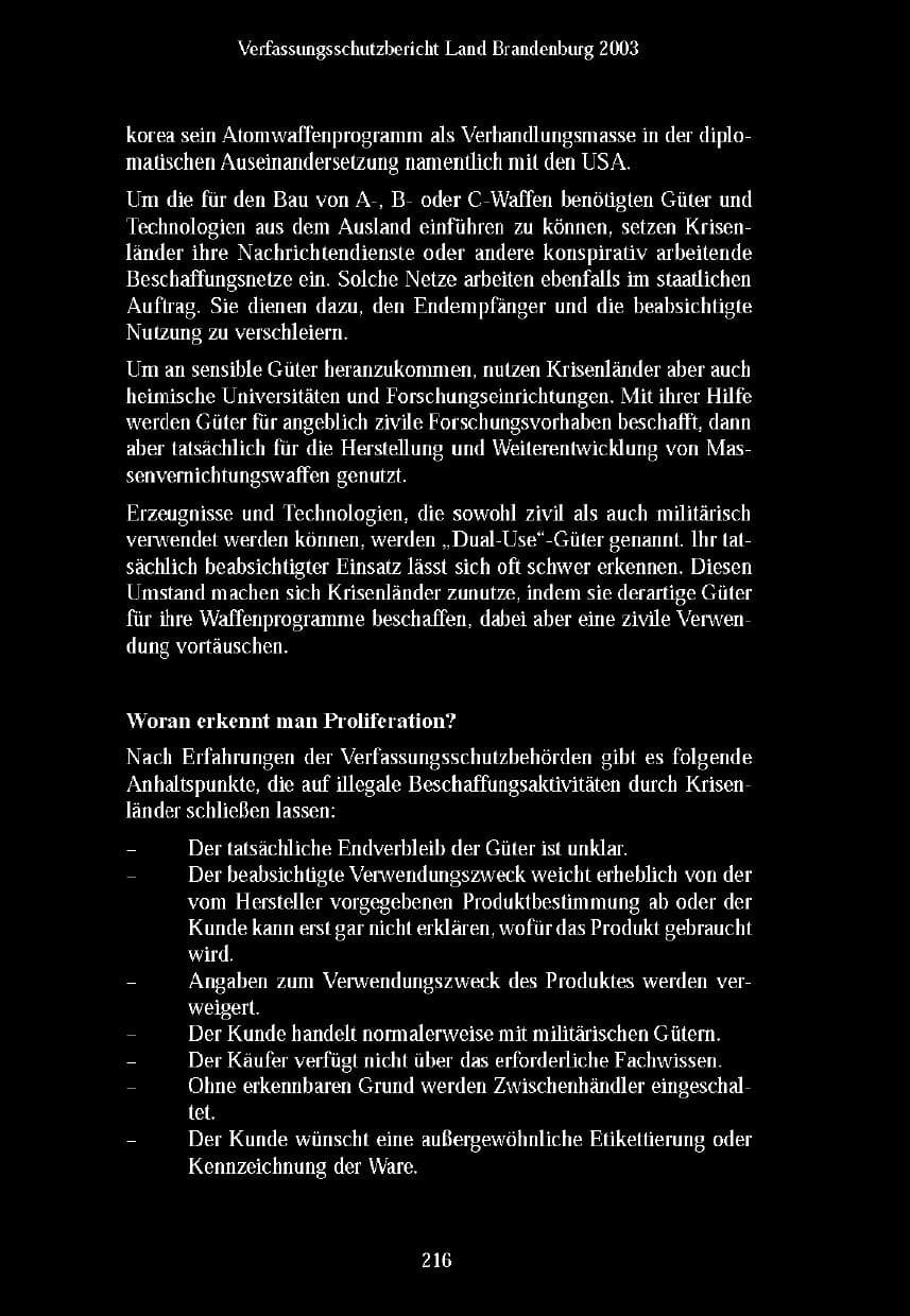 Seite 215 des Verfassungsschutzbericht 2003 Brandenburg