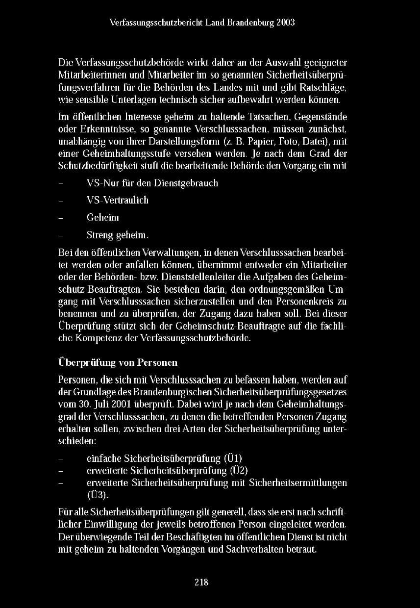 Seite 217 des Verfassungsschutzbericht 2003 Brandenburg