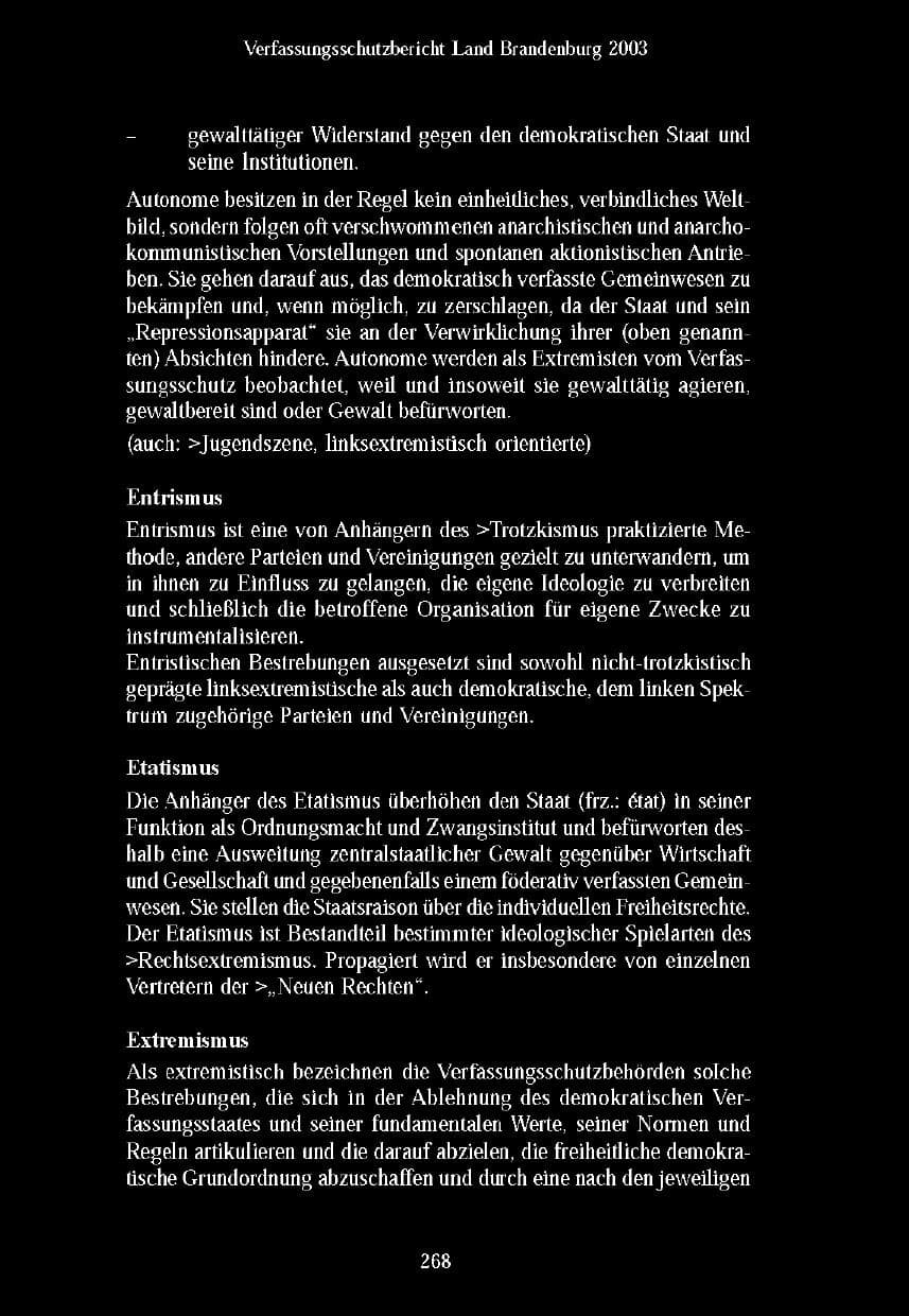 Seite 265 des Verfassungsschutzbericht 2003 Brandenburg