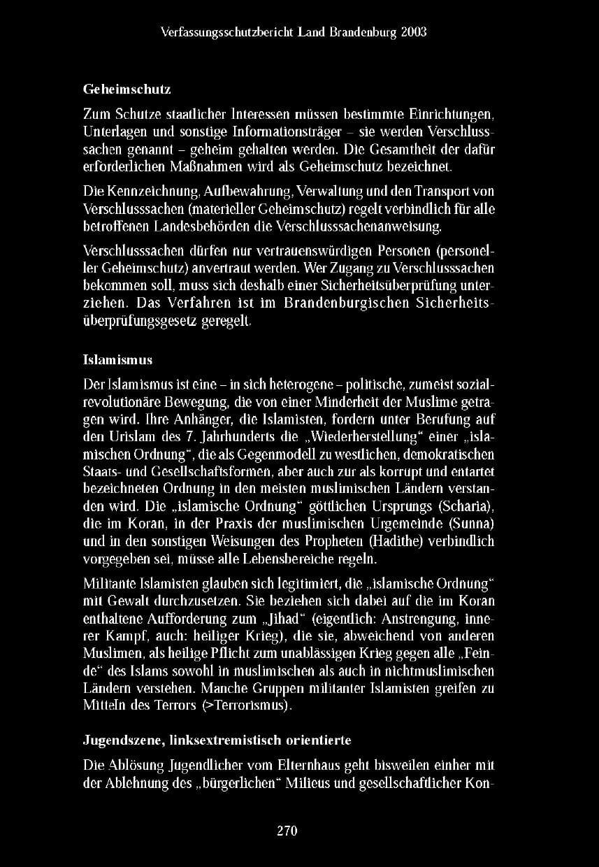 Seite 267 des Verfassungsschutzbericht 2003 Brandenburg