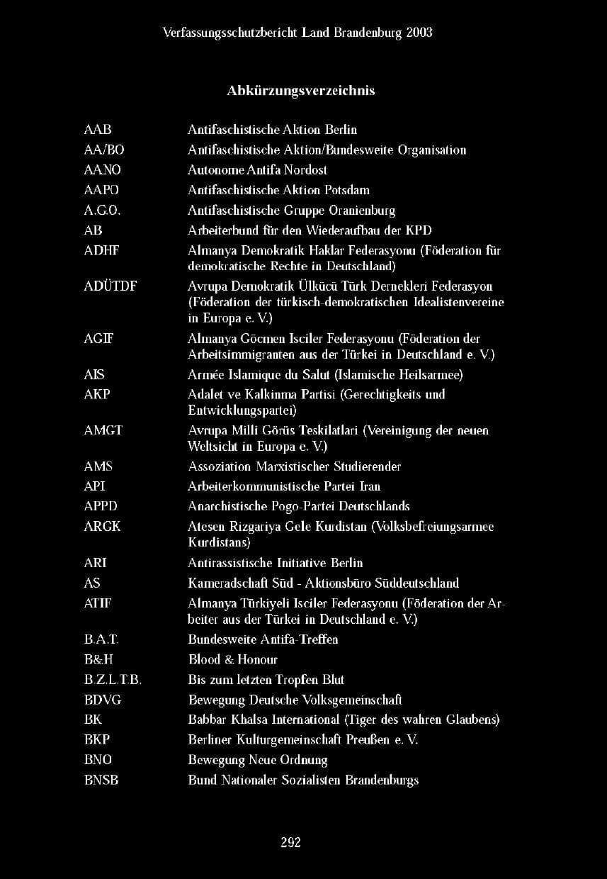 Seite 289 des Verfassungsschutzbericht 2003 Brandenburg