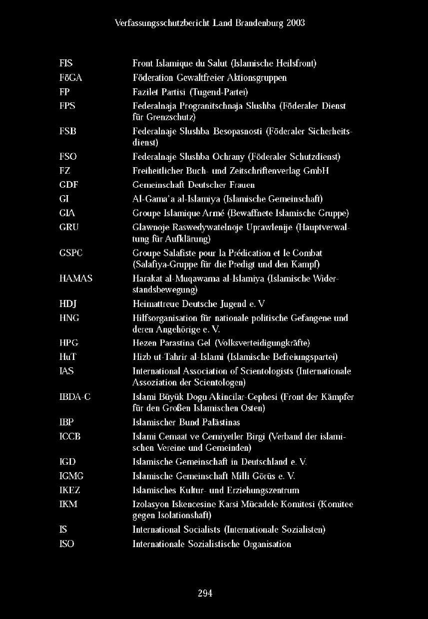 Seite 291 des Verfassungsschutzbericht 2003 Brandenburg