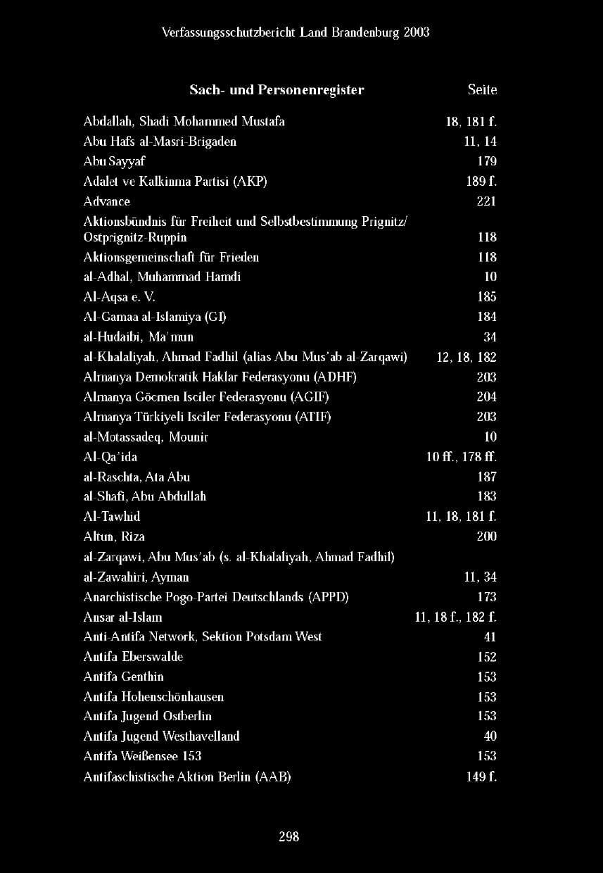 Seite 295 des Verfassungsschutzbericht 2003 Brandenburg