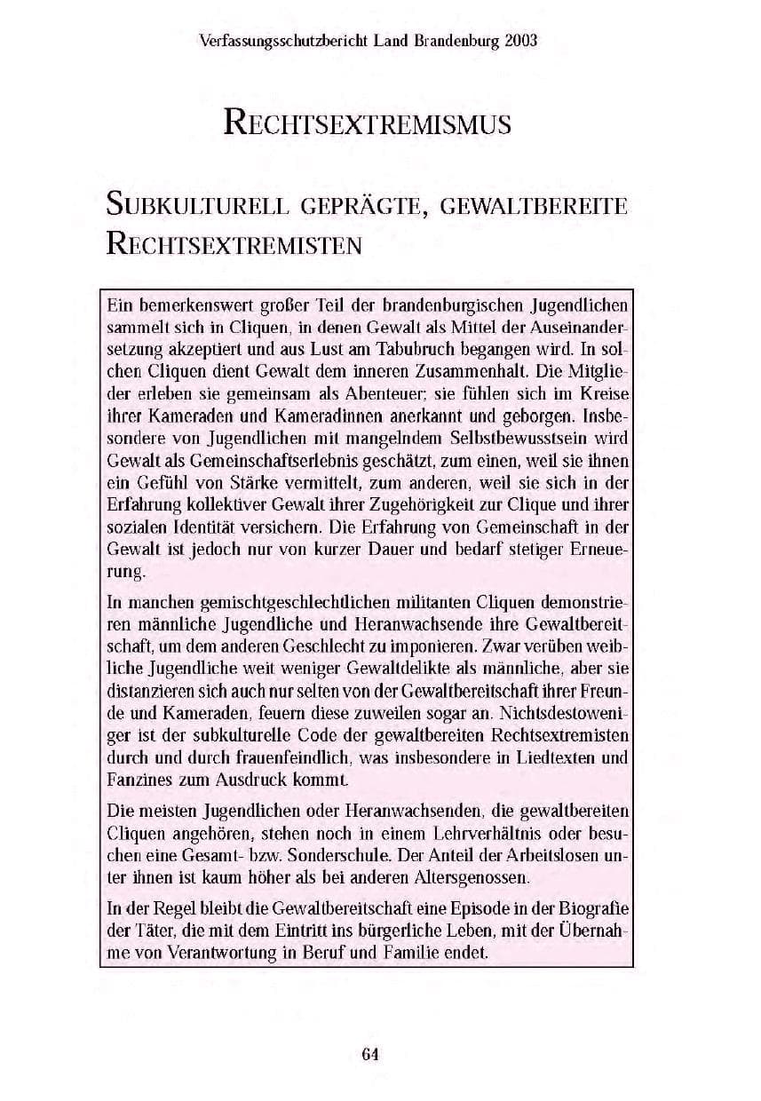 Seite 66 des Verfassungsschutzbericht 2003 Brandenburg