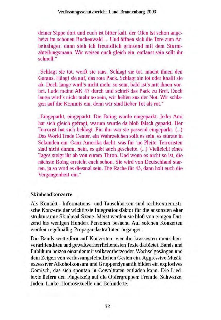 Seite 74 des Verfassungsschutzbericht 2003 Brandenburg