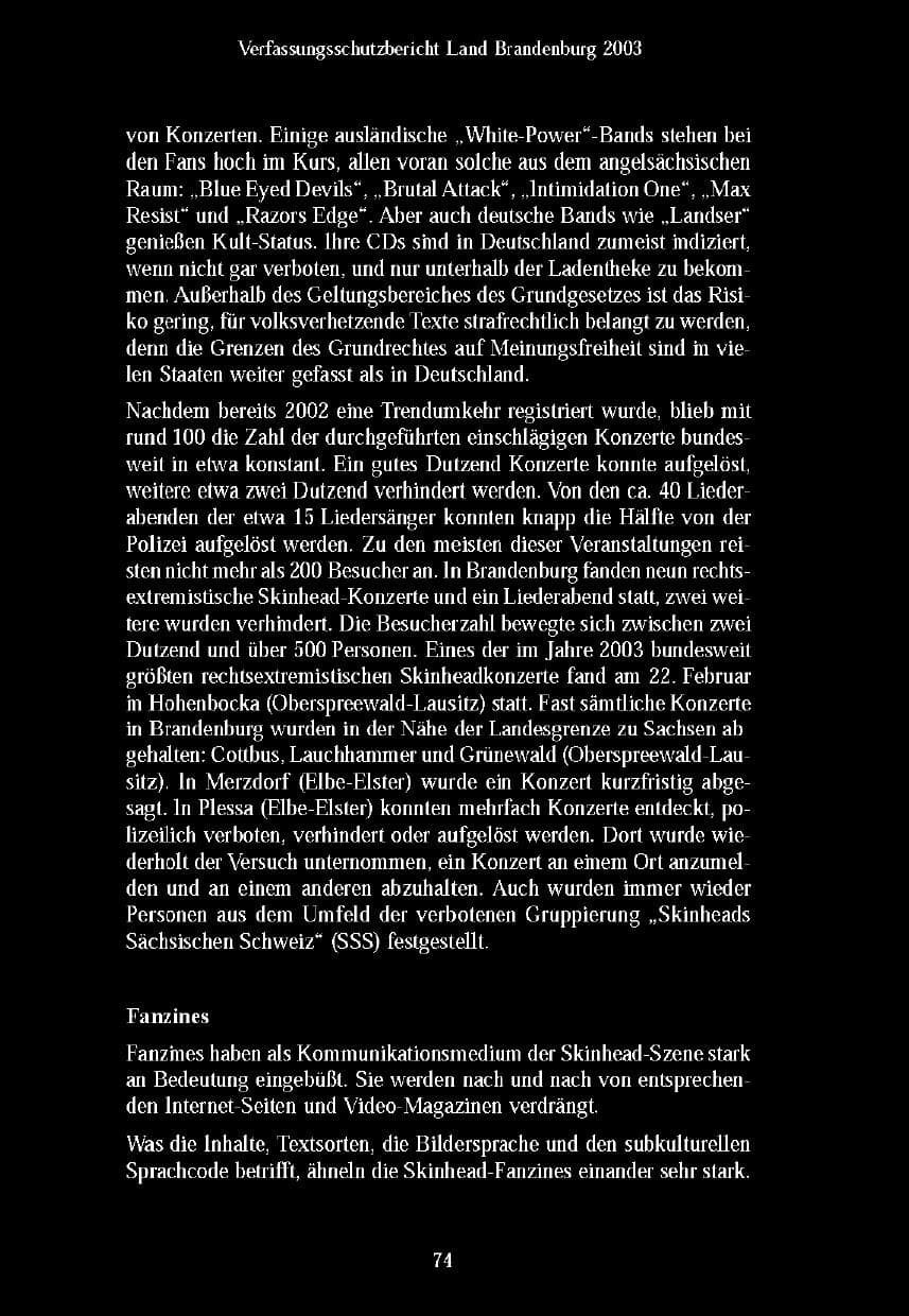 Seite 76 des Verfassungsschutzbericht 2003 Brandenburg