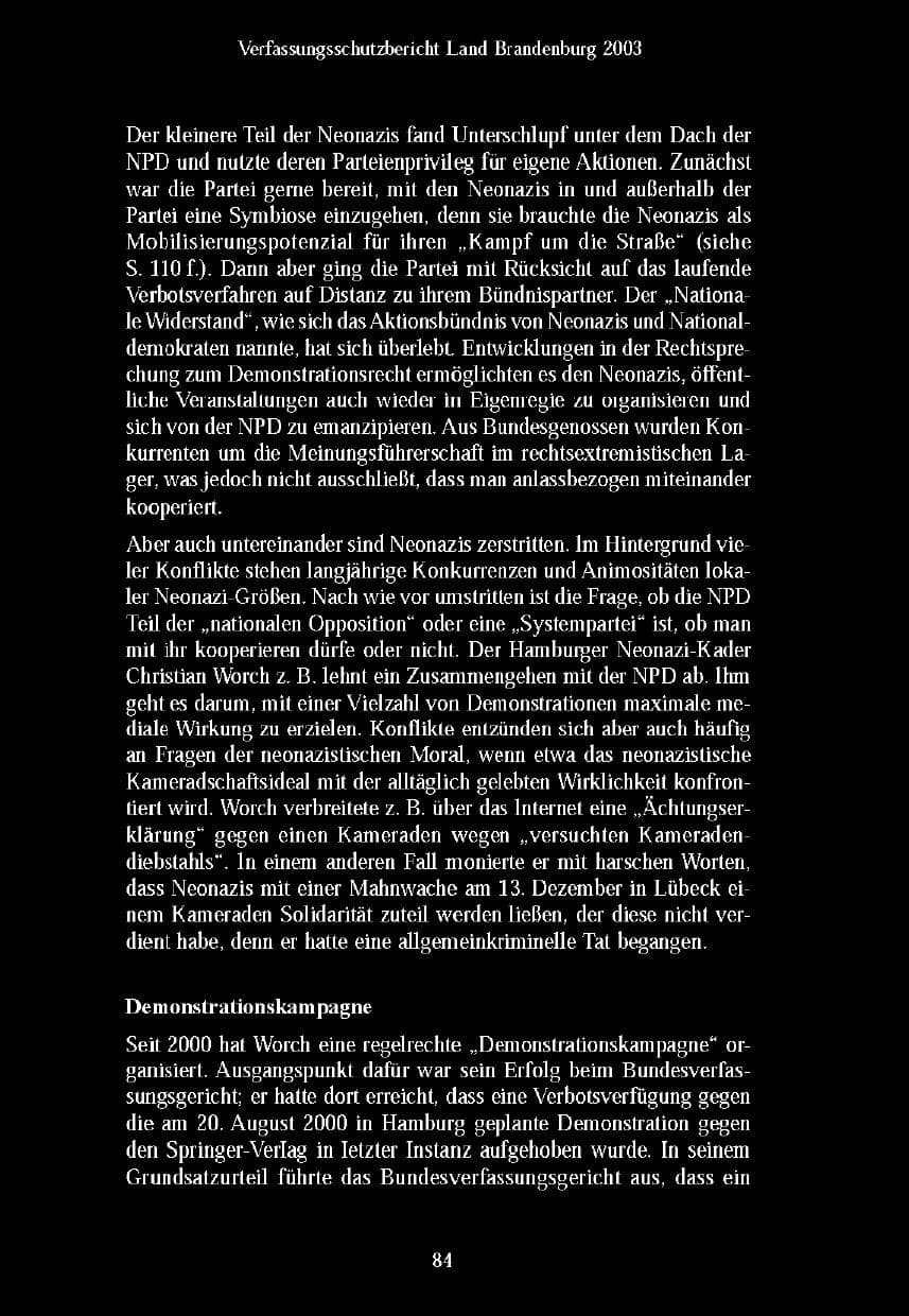 Seite 86 des Verfassungsschutzbericht 2003 Brandenburg