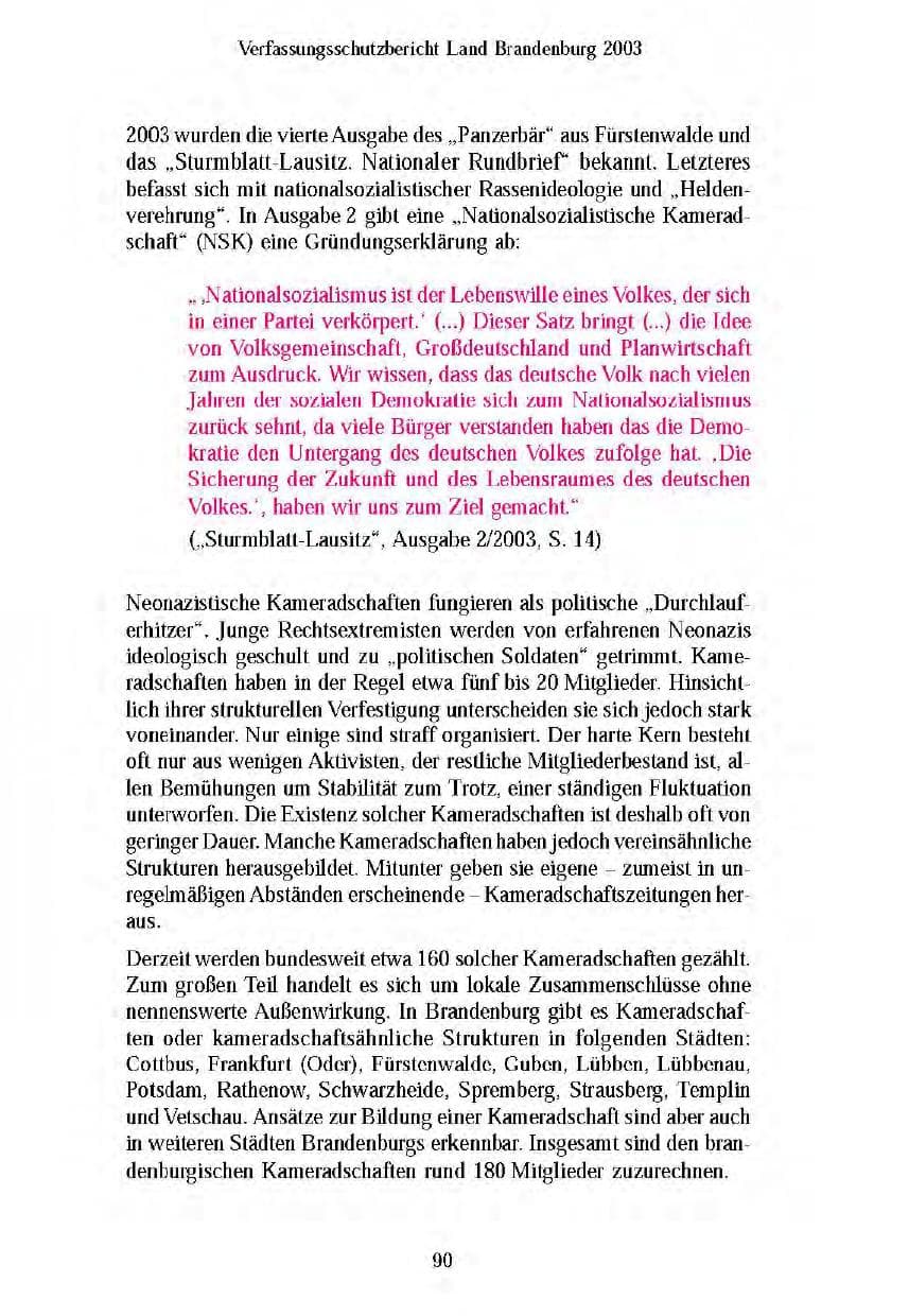 Seite 92 des Verfassungsschutzbericht 2003 Brandenburg
