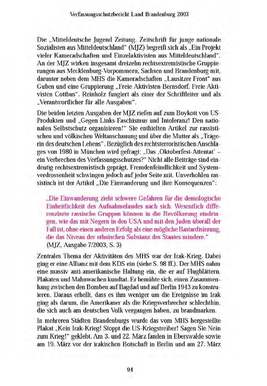Seite 96 des Verfassungsschutzbericht 2003 Brandenburg