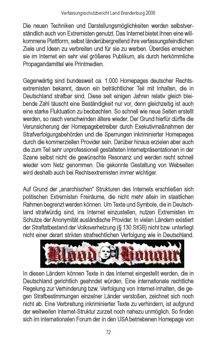 Seite 70 des Verfassungsschutzbericht 2006 Brandenburg
