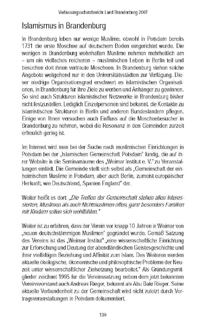 Seite 130 des Verfassungsschutzbericht 2007 Brandenburg