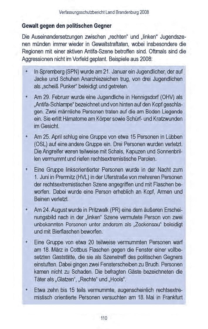 Seite 112 des Verfassungsschutzbericht 2008 Brandenburg