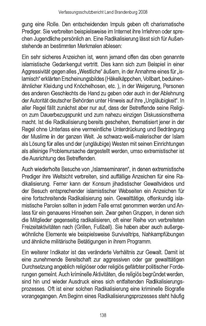 Seite 140 des Verfassungsschutzbericht 2008 Brandenburg
