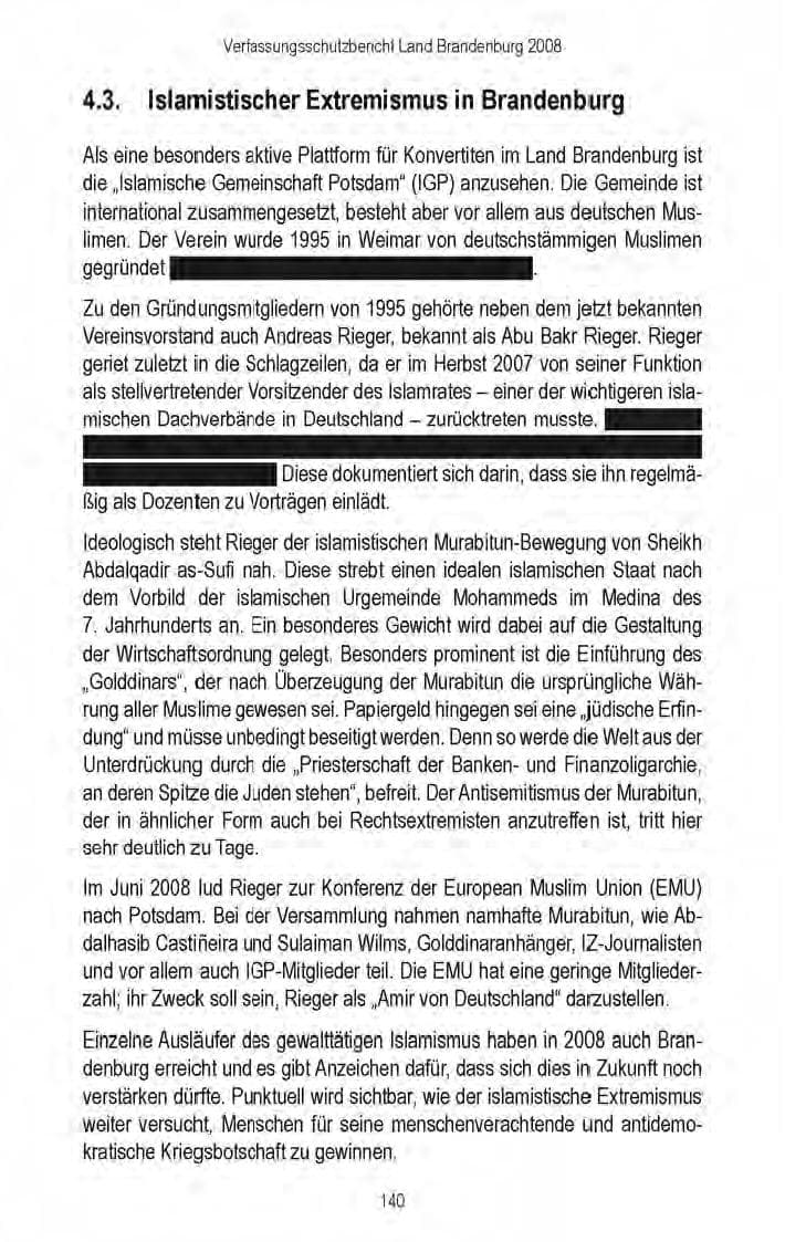 Seite 142 des Verfassungsschutzbericht 2008 Brandenburg
