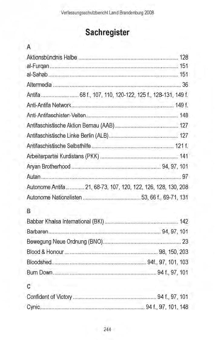 Seite 184 des Verfassungsschutzbericht 2008 Brandenburg
