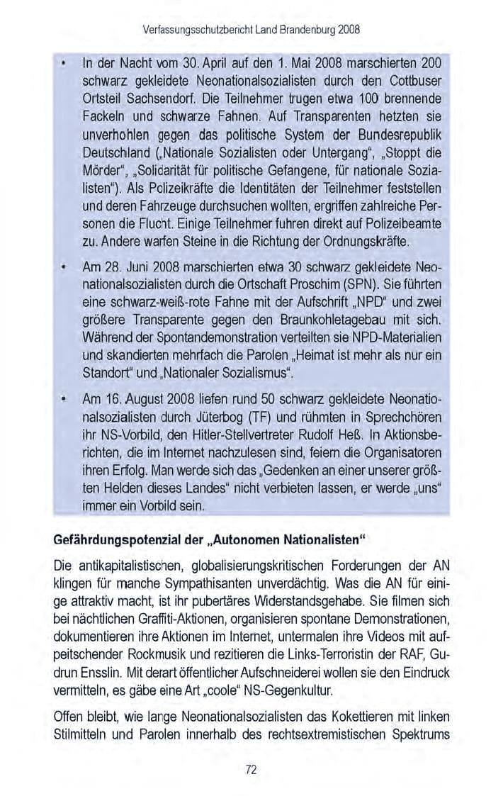 Seite 74 des Verfassungsschutzbericht 2008 Brandenburg