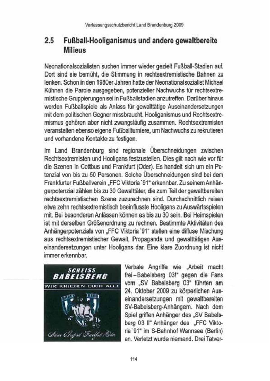 Seite 116 des Verfassungsschutzbericht 2009 Brandenburg