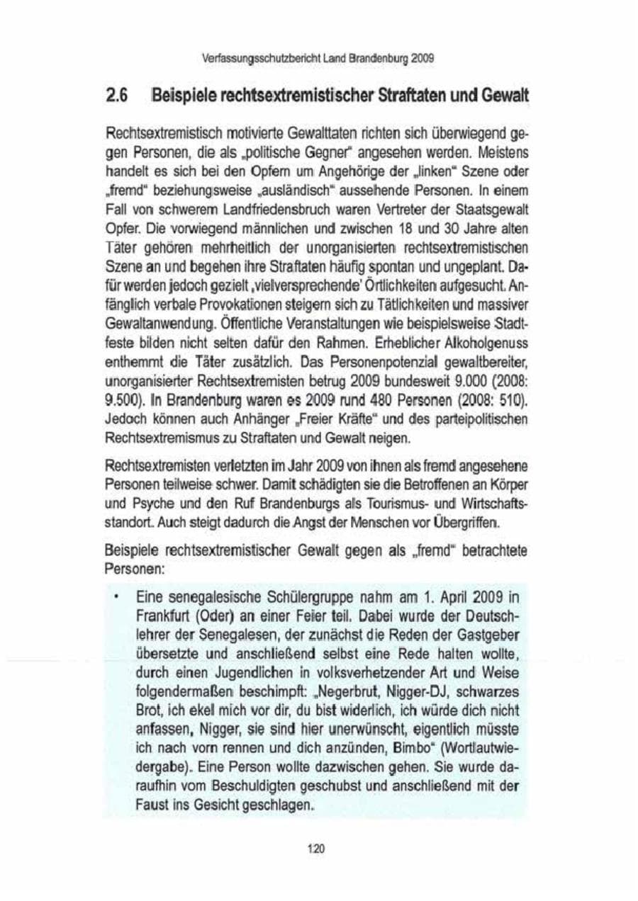 Seite 122 des Verfassungsschutzbericht 2009 Brandenburg