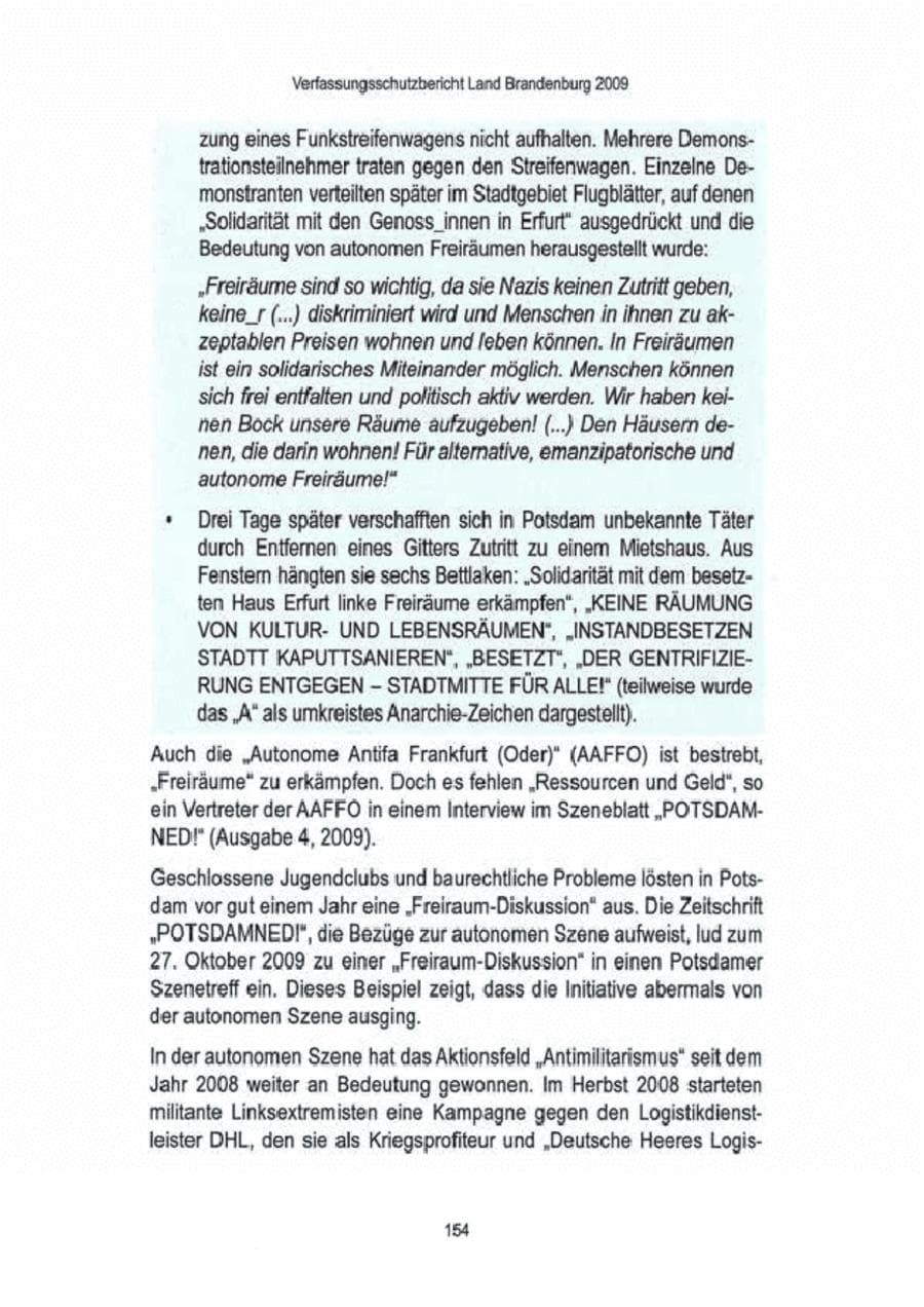 Seite 156 des Verfassungsschutzbericht 2009 Brandenburg