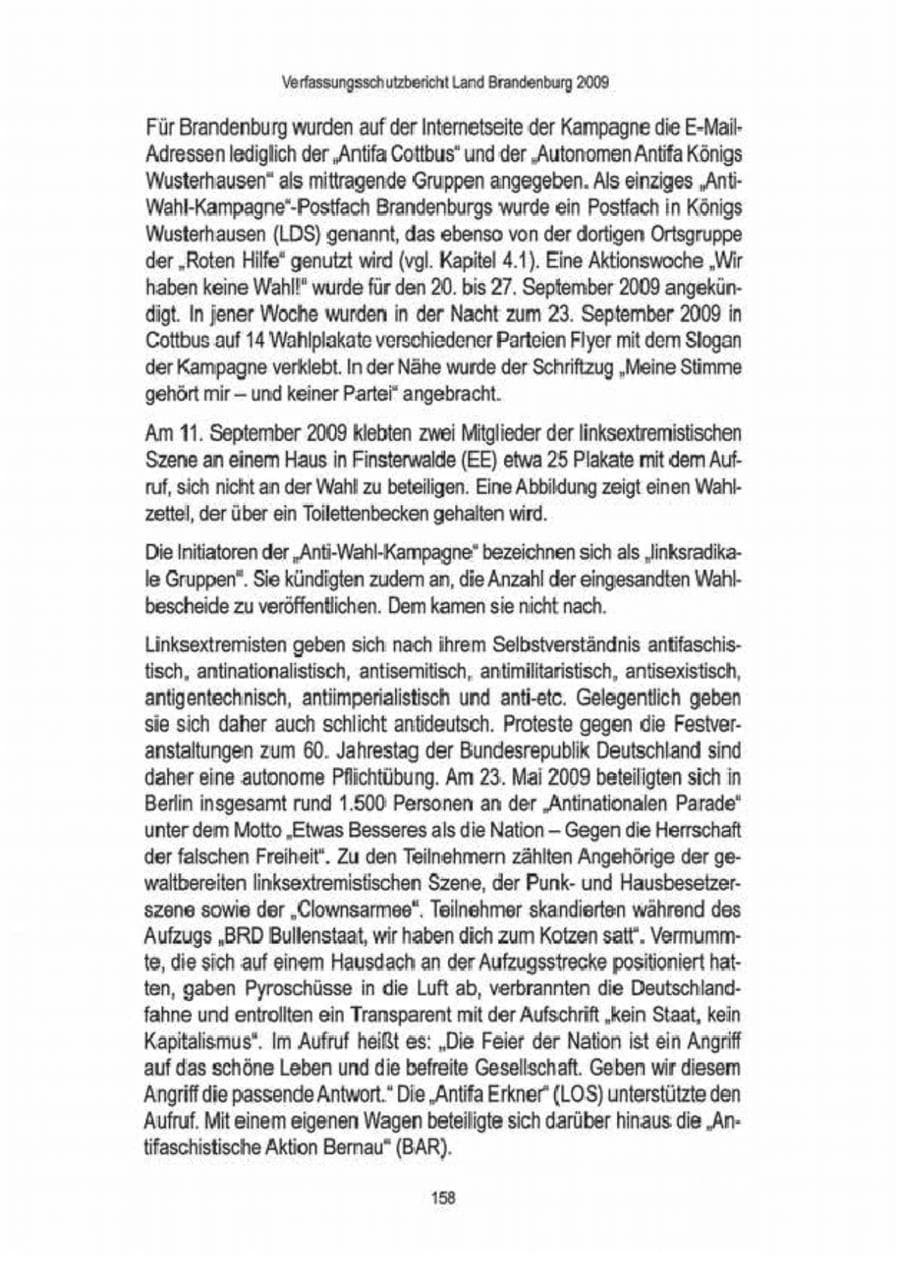 Seite 160 des Verfassungsschutzbericht 2009 Brandenburg