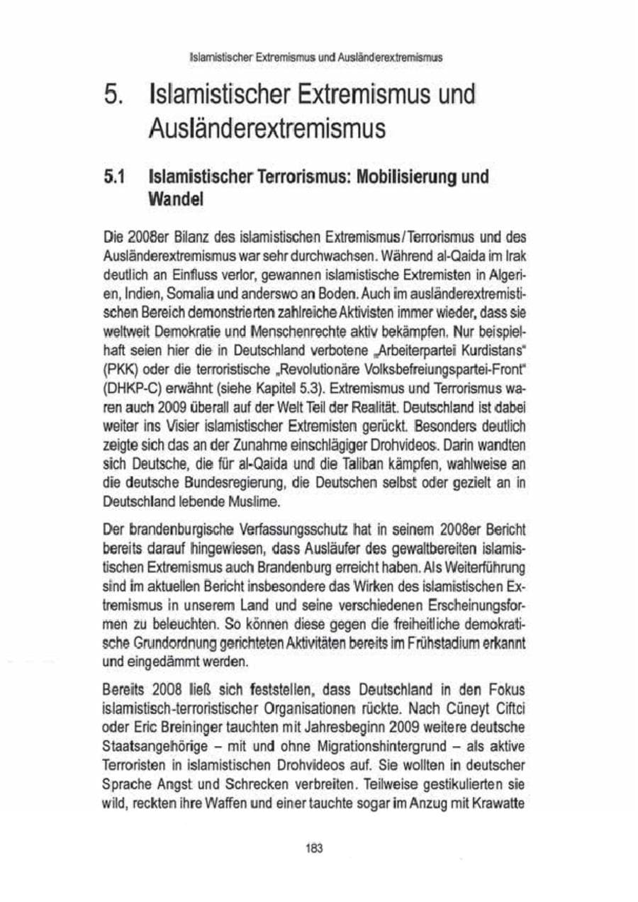 Seite 185 des Verfassungsschutzbericht 2009 Brandenburg