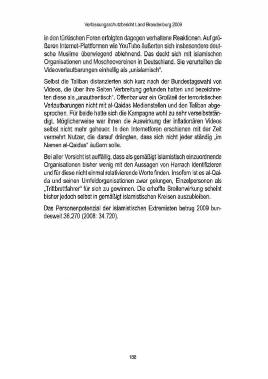Seite 190 des Verfassungsschutzbericht 2009 Brandenburg