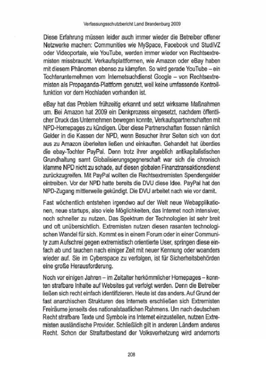 Seite 210 des Verfassungsschutzbericht 2009 Brandenburg