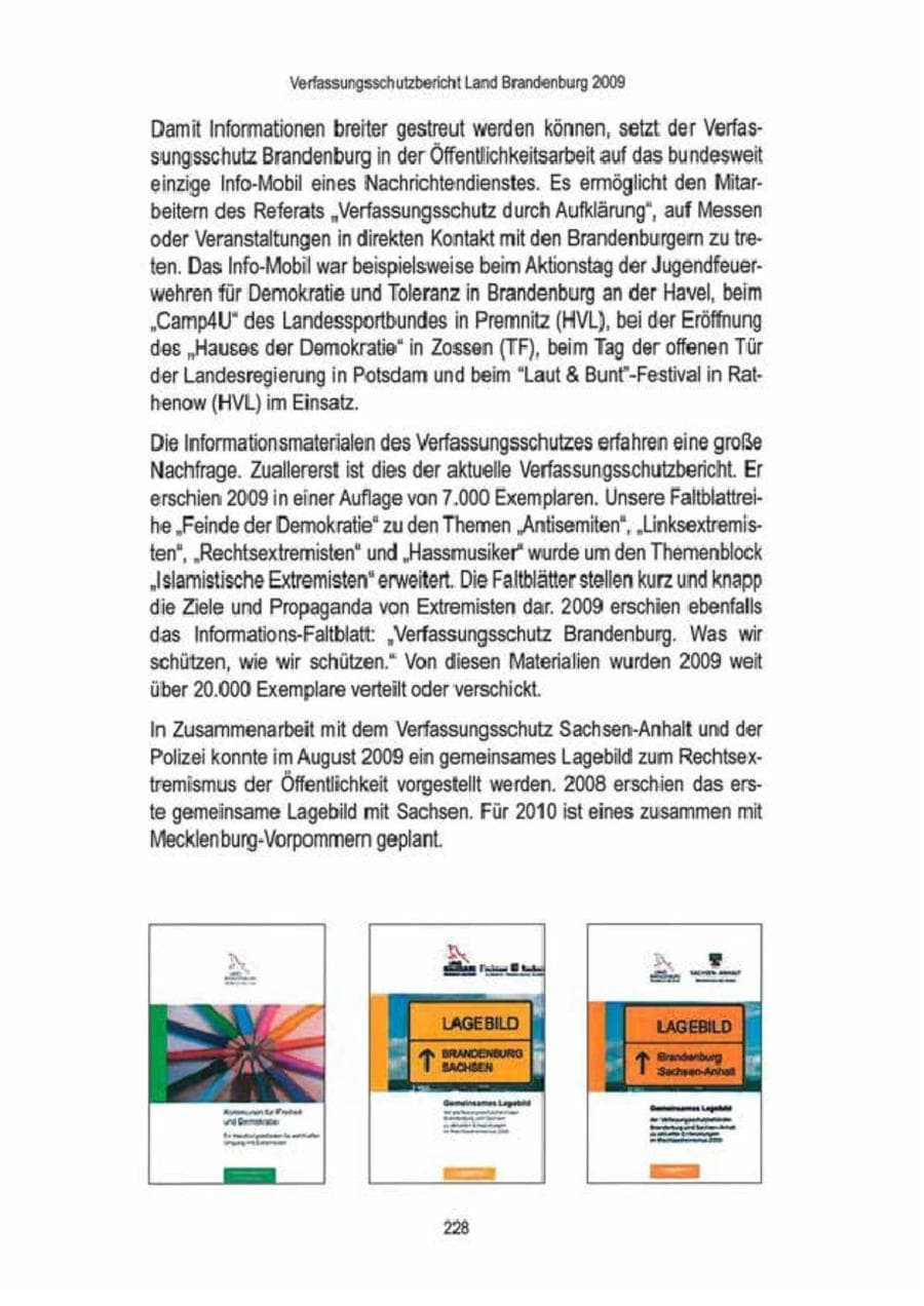Seite 230 des Verfassungsschutzbericht 2009 Brandenburg