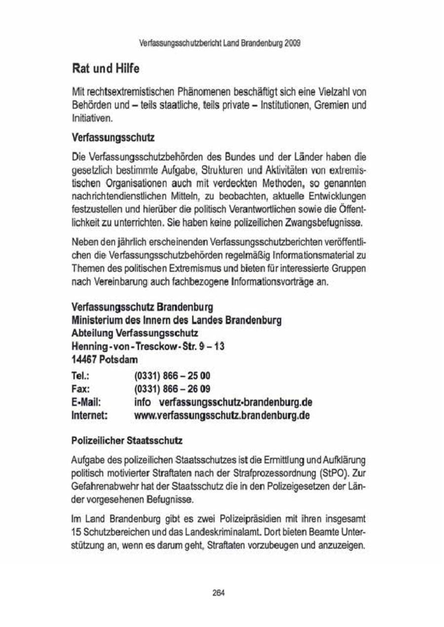 Seite 266 des Verfassungsschutzbericht 2009 Brandenburg