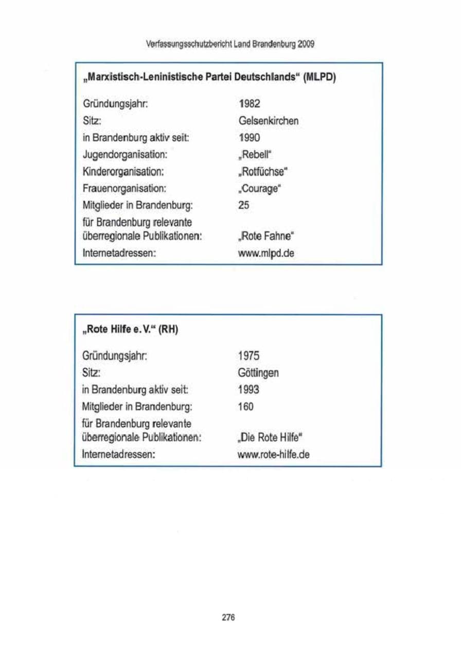 Seite 278 des Verfassungsschutzbericht 2009 Brandenburg