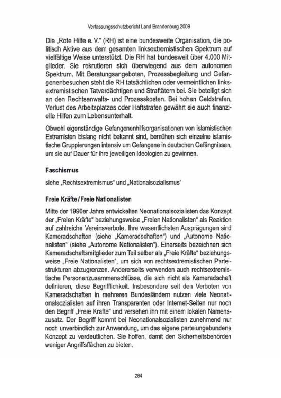 Seite 286 des Verfassungsschutzbericht 2009 Brandenburg