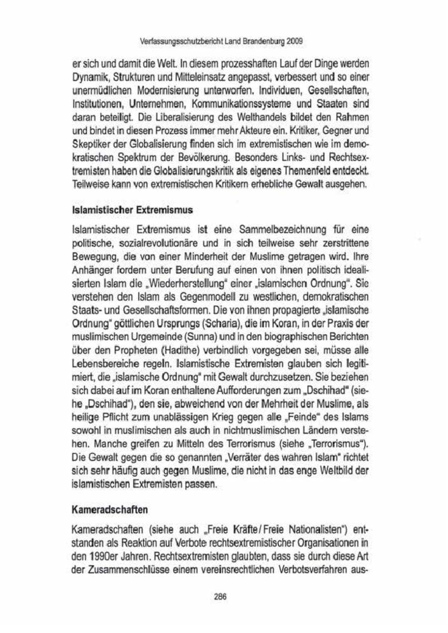 Seite 288 des Verfassungsschutzbericht 2009 Brandenburg