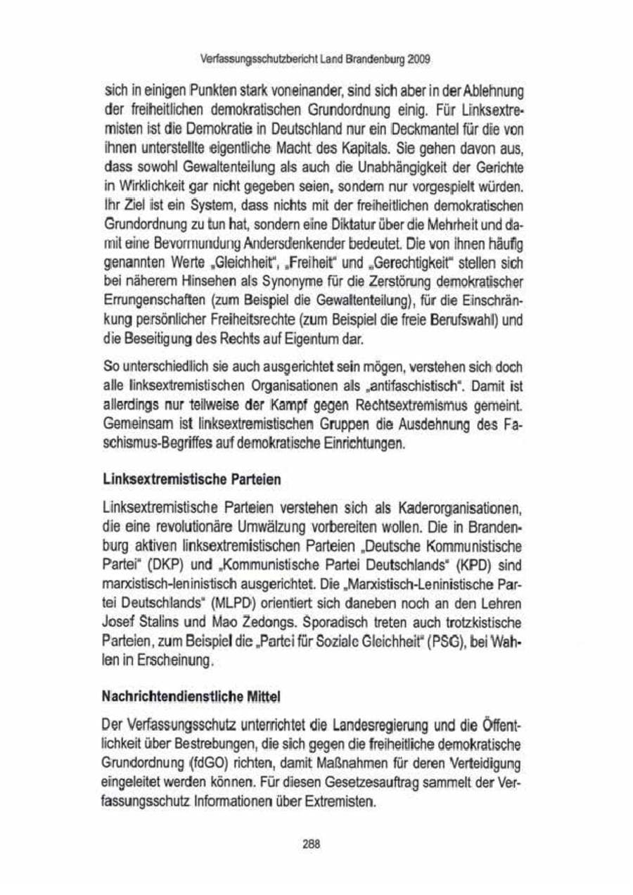 Seite 290 des Verfassungsschutzbericht 2009 Brandenburg